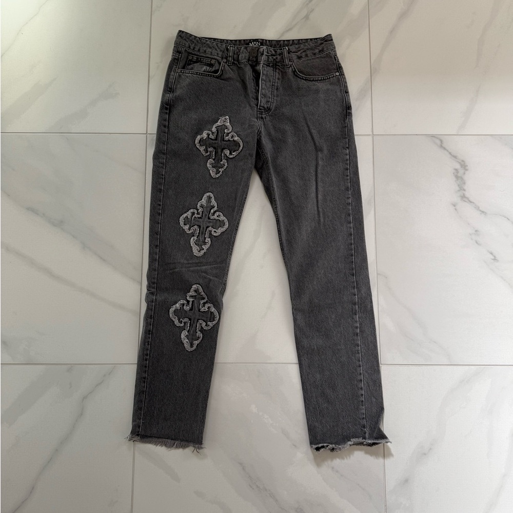 Stylish Gray Jeans with Cross Stitching